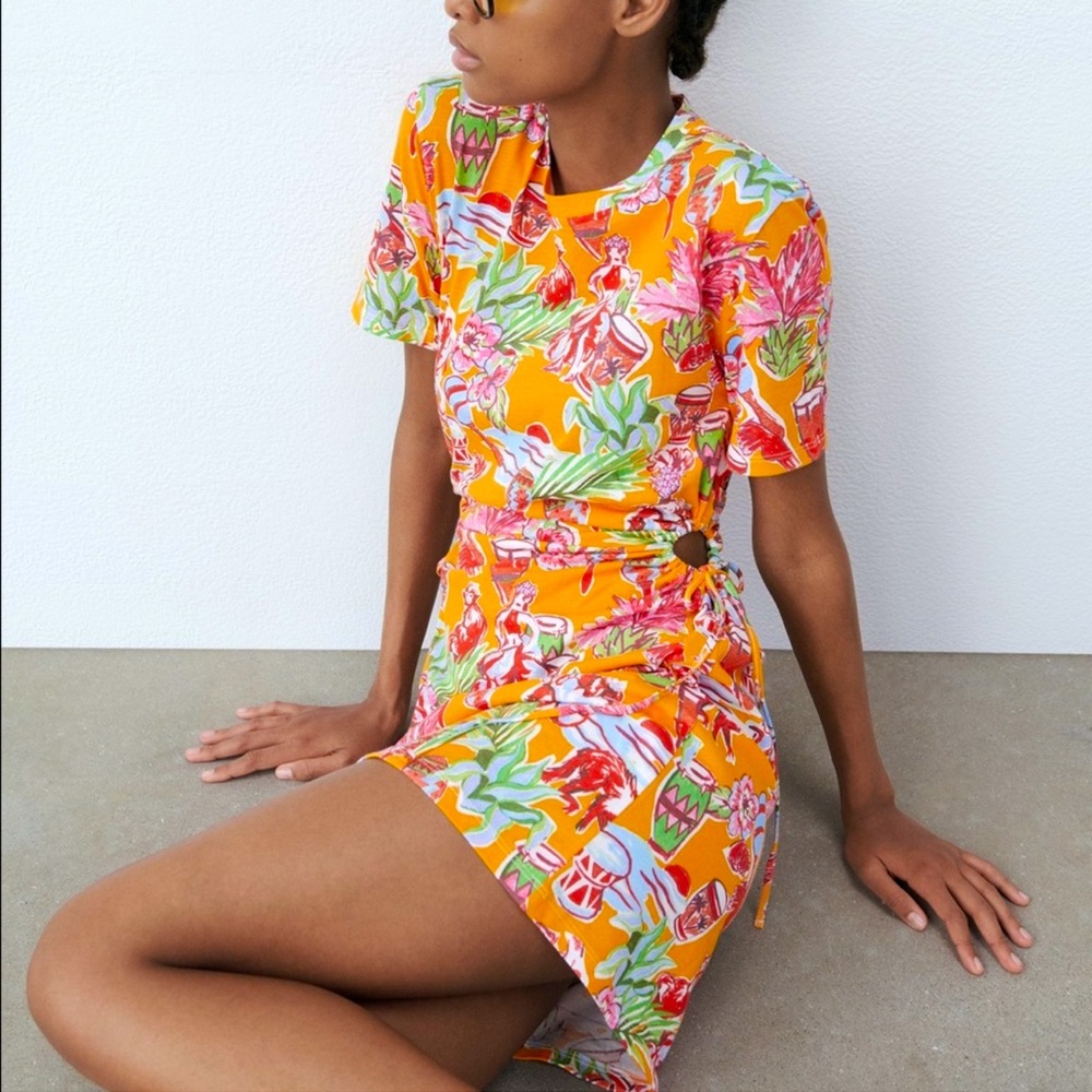 Zara Cut Out Tropical Print Dress - Size Medium